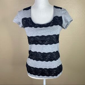 White House Black Market Gray Short-Sleeve T-Shirt with Black Lace